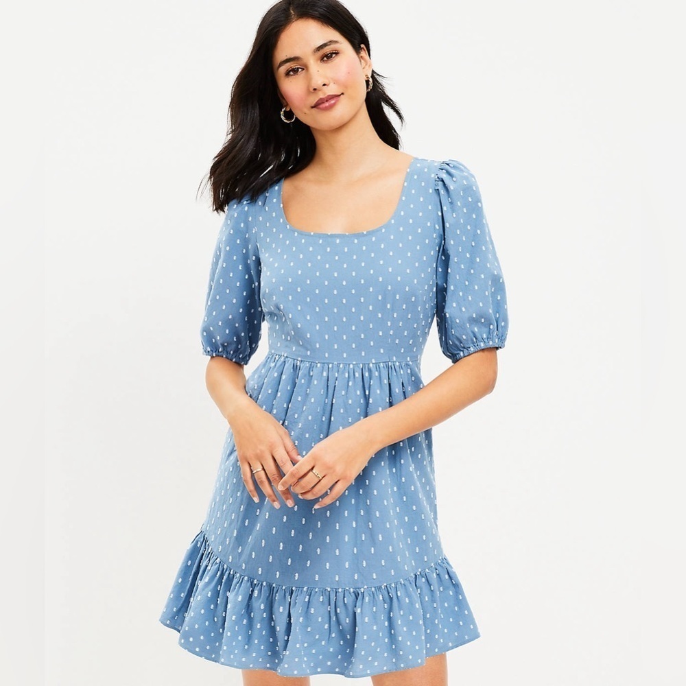 Loft Blue 100% cotton Clip dots Tie Back Flounce Swing Dress 8